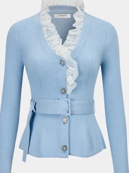 COMMENSE CASHMERE CARDIGAN KNIT LACE SWEATER BELT BLING RHINESTONE BUTTON S - Picture 11 of 11